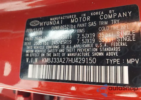 2017 Hyundai Tucson Sport из США, поврежденный, VIN KM8J33A27HU429150